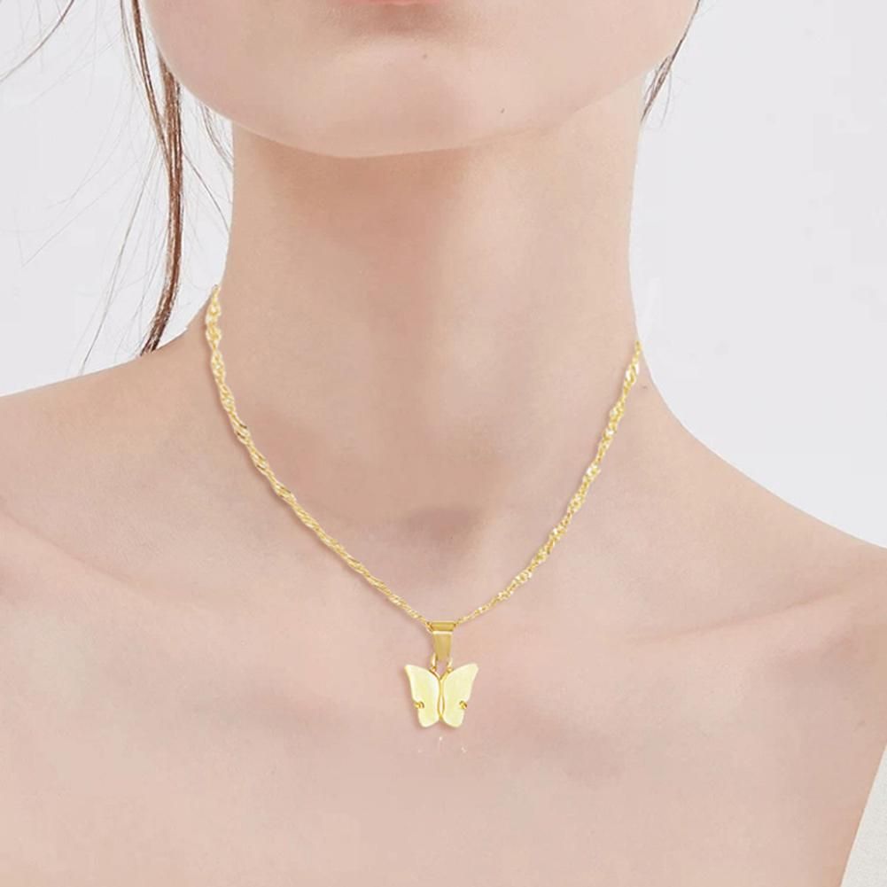 Fashion Sweet Colorful Acrylic Butterfly Pendant Clavicle Chain Necklace Women Jewelry Gift
