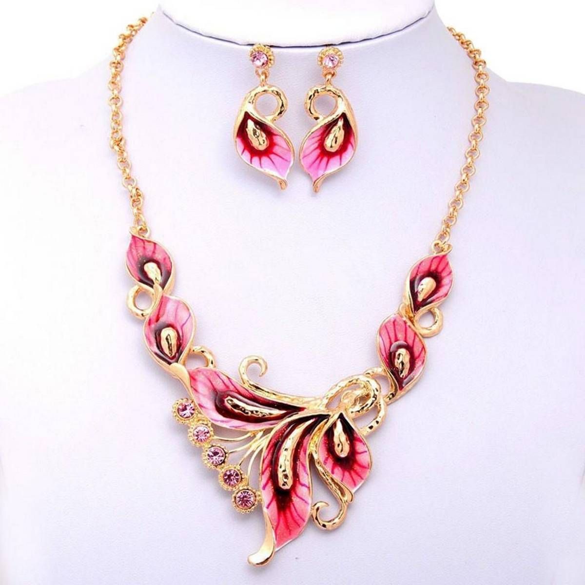 Women Enamel Flower Rhinestone Stud Earrings Chain Necklace Set