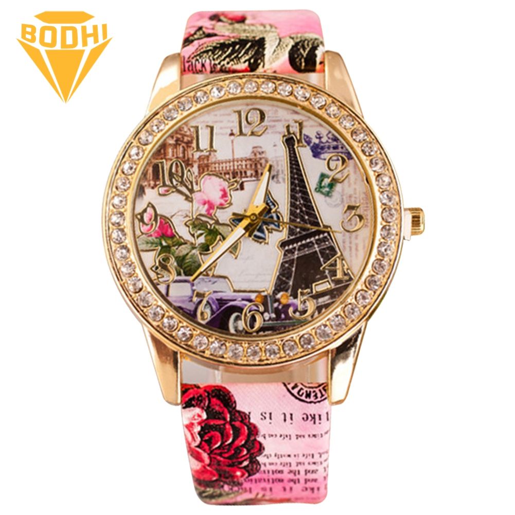 BODHI Women Rhinestone Inlaid Flower Round Dial Faux Leather Band Quartz Wrist Watch