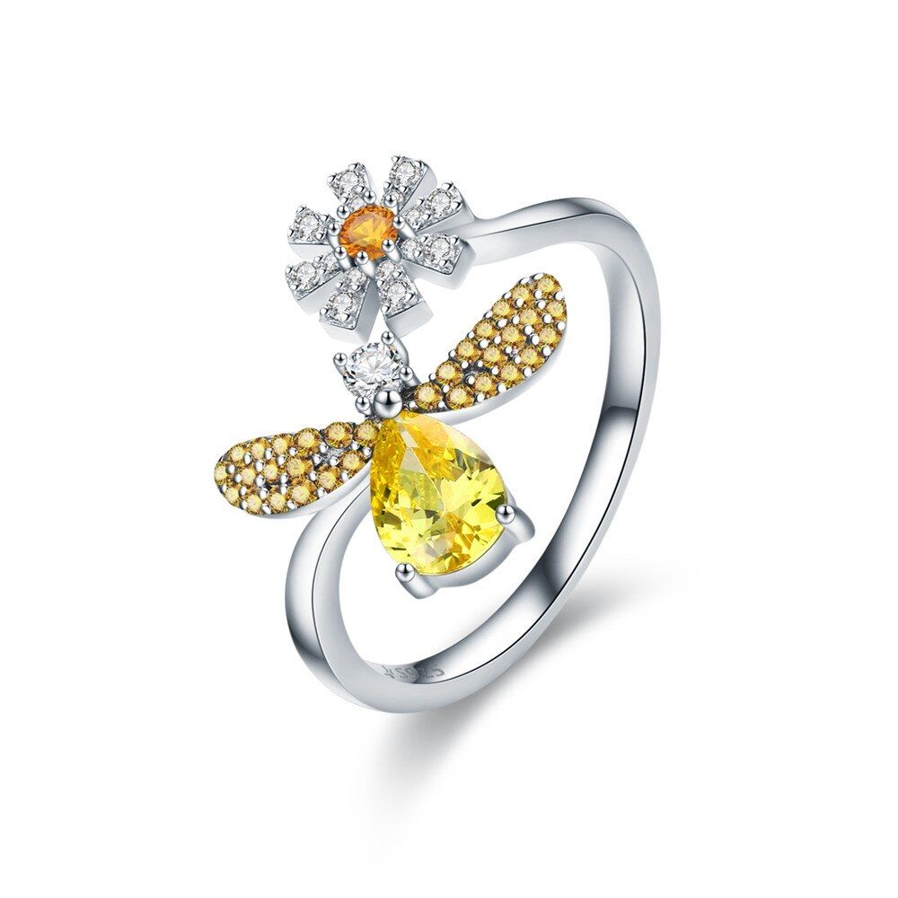BAMOER 100% Authentic 925 Sterling Silver Fashion Bee with Daisy Flower Open Size Finger Ring for Women Party Jewelry SCR348