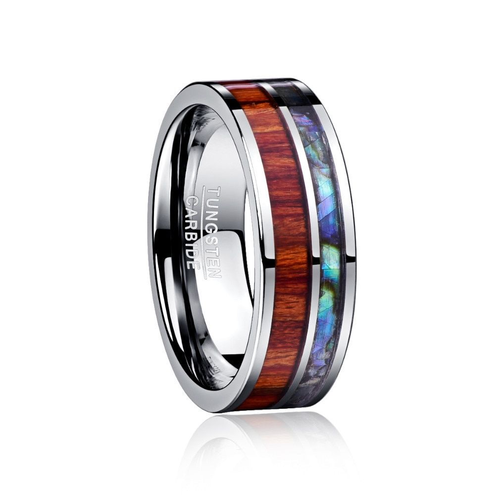 High Grade 8mm Width Polished Wood Grain And Shell Men Rings Jewelry  Tungsten Steel Ring Man's Valentine's Day Gift Jewelry