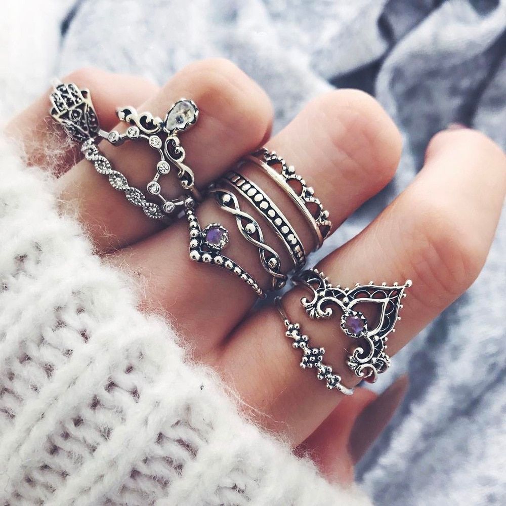 10pcs/Set Boho Women Silver color Finger Rings Set For Female vintage Branch Hollow carved Flower Knuckle Ring Fashion Jewelry