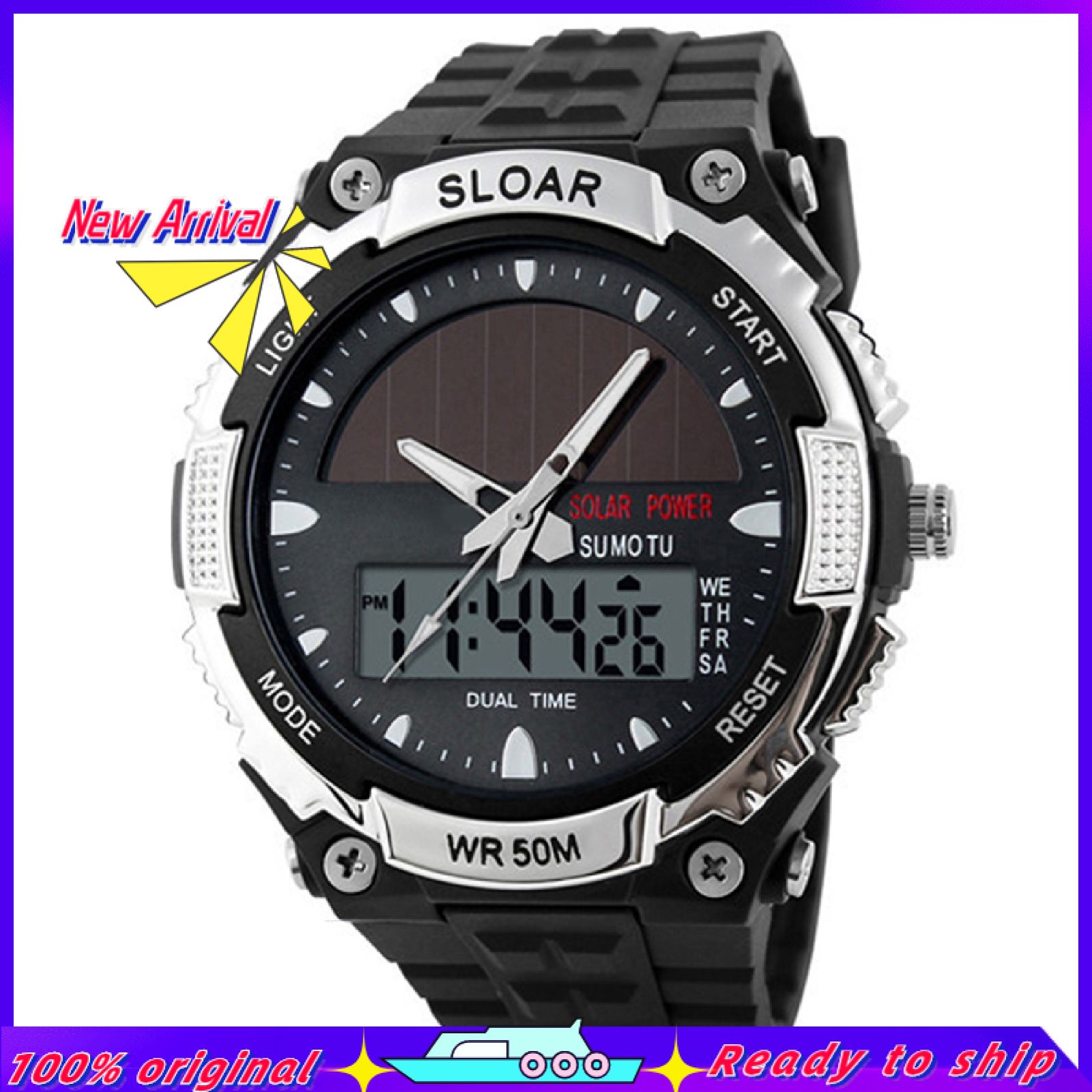 Men Watch Solar Powered Alarm ABS Men Waterproof Digital Analog Watch for Sports
