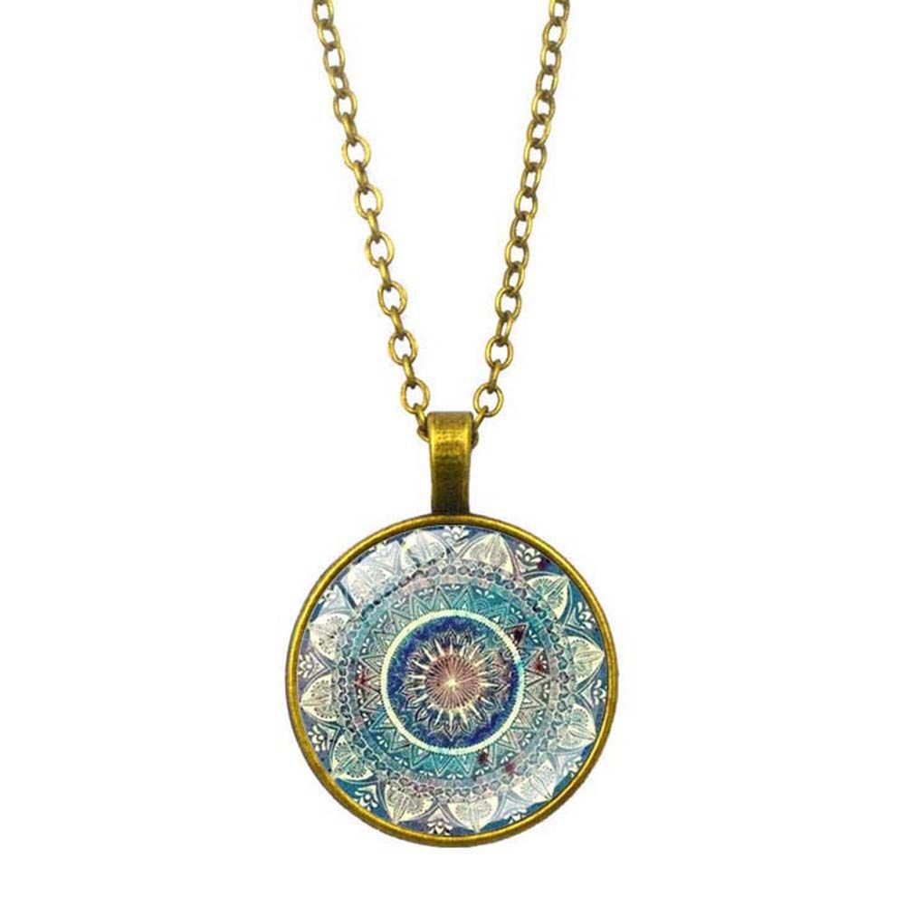 Vintage Women Glass Cabochon Pendant Long Chain Mandala Gift