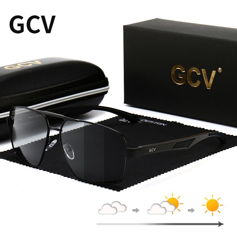 GCV Fashion Photochromic Aluminum Sunglasses Men Chameleon Polarized Pilot  Glasses Anti-Glare Driving Eyeglasses Coating Mirror-BLACK GRADIENT BLACK-Polarized