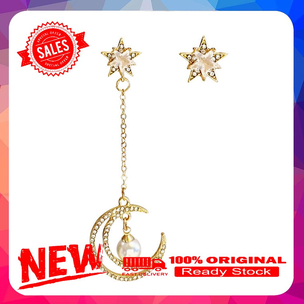 Women Cubic Zirconia Moon Star Dangle Asymmetric Ear Stud Earrings Jewelry Gift