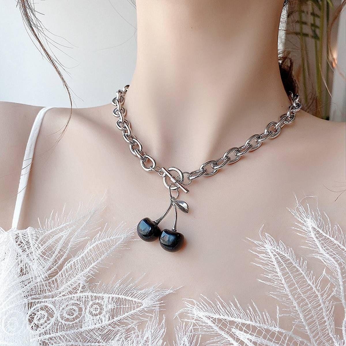 MWSONYA Trendy Fashion New Korean Cherry Necklace Pendant for Women Thick Chain Temperament Necklace Long Pendant Party Jewelry
