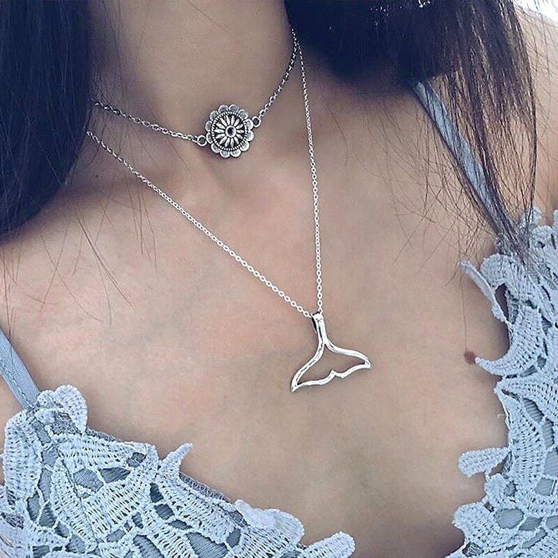 2Pcs/Set Moon Geometry Pendant Bead Chain Multilayer Gold Silver Color Long Necklace Women Fashion Jewelry Lady Necklace Set
