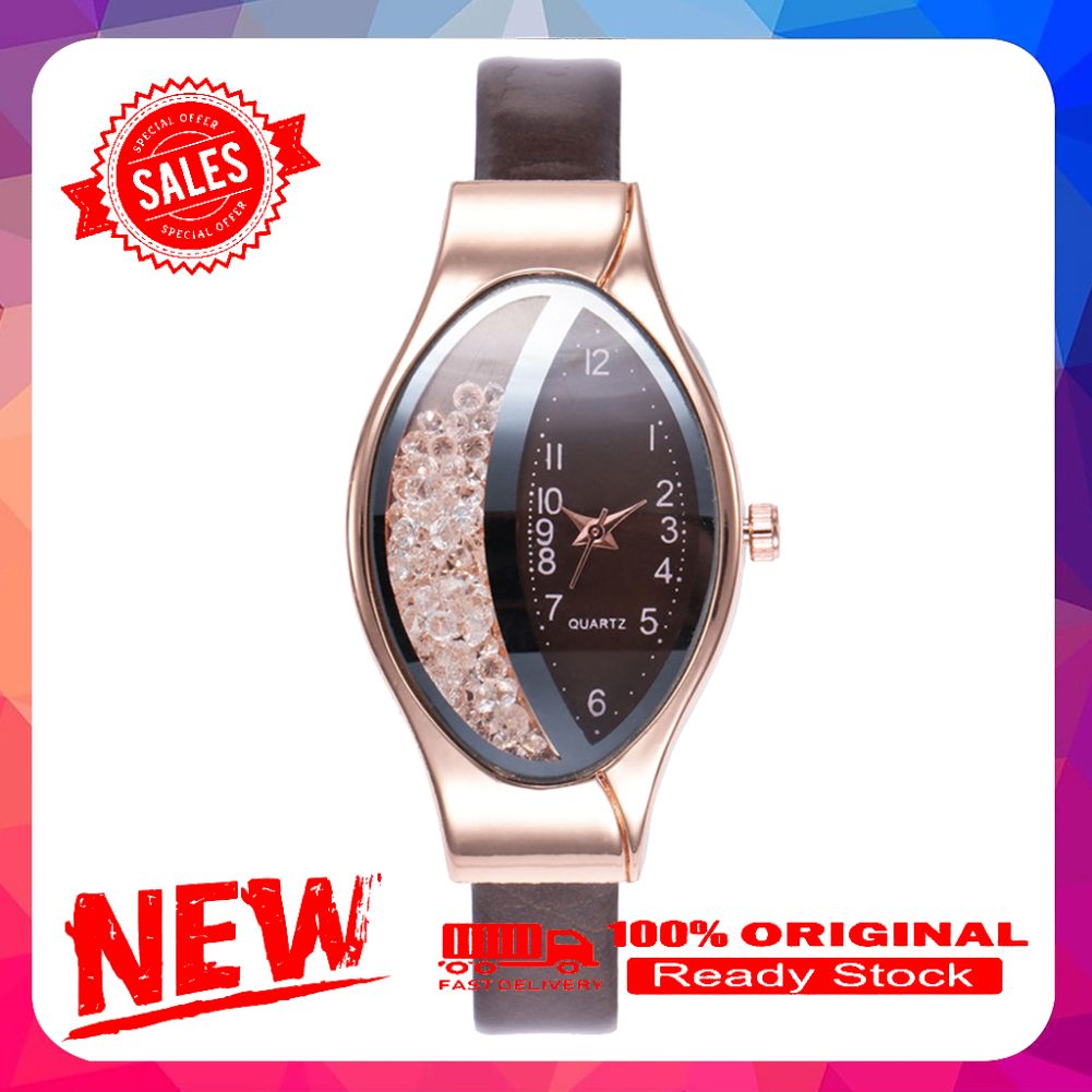 Creative Women Oval Dial Quicksand Decor Analog Faux Leather Quartz Wrist Watch