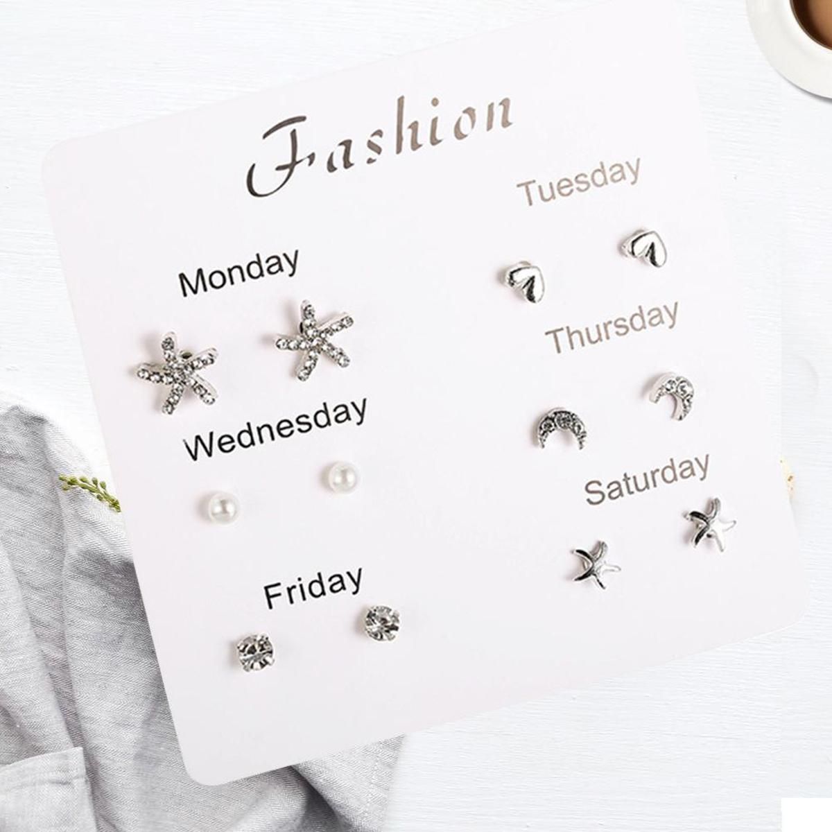 6 Pairs Silver Delicate Fashion Korean Rhinestone Earrings Set One Week Earring Gift Brincos