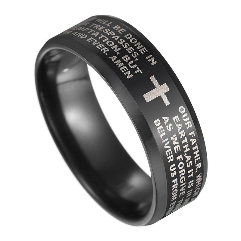 Letdiffery 8mm Black Bible Prayer Cross Men Rings Stainless Steel Christian Women Rings Birthday Gifts