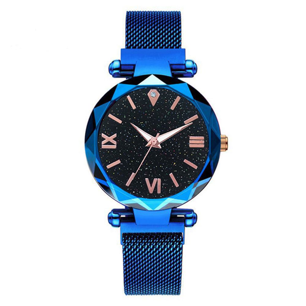 Women Starry Mesh Band Magnetic Buckle Roman Numeral Analog Quartz Wrist Watch