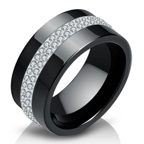 New 10MM Black and White 2 Row Crystal Ceramic Rings Women Engagement Promise Wedding Band Gifts For Women