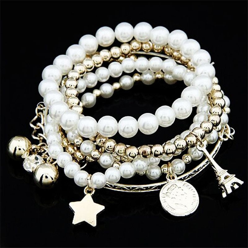 6pcs Pearl Multilayer Bracelet Set For Women Jewelry Female Bracelet Vintage Coin Bracelets Eiffel Tower Femme Bracelets Gifts