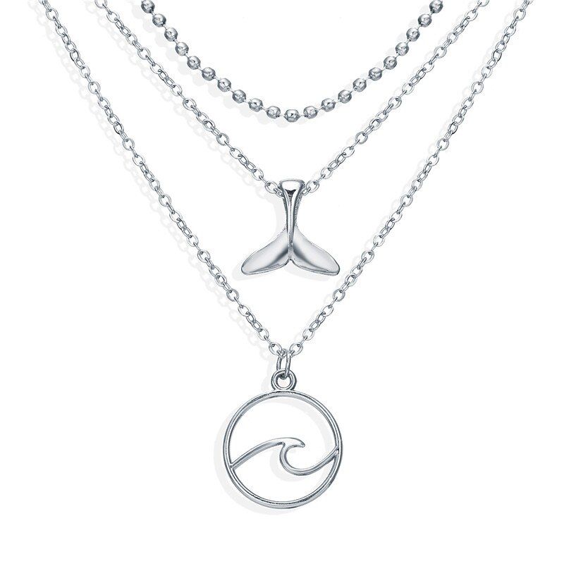 Bohemian Multi Layered Dolphin Tail Wave Pendant Necklace Fashion Silver Color Link Chain Choker Necklaces for Women Collares