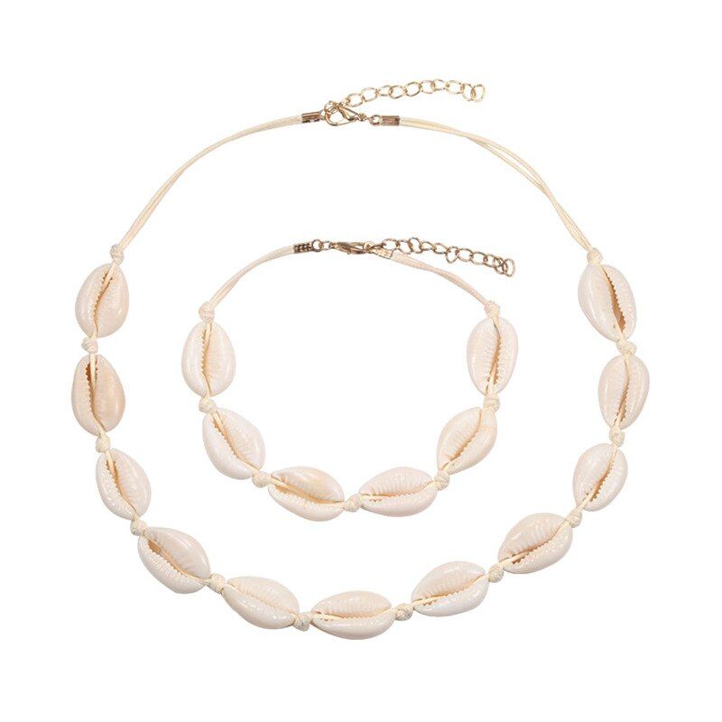 Bohemian Natrual Shell Necklace Bracelet Set SeaShell Cowrie Summer Women Femme Choker Beach Foot Jewelry Girl Gifts Collar