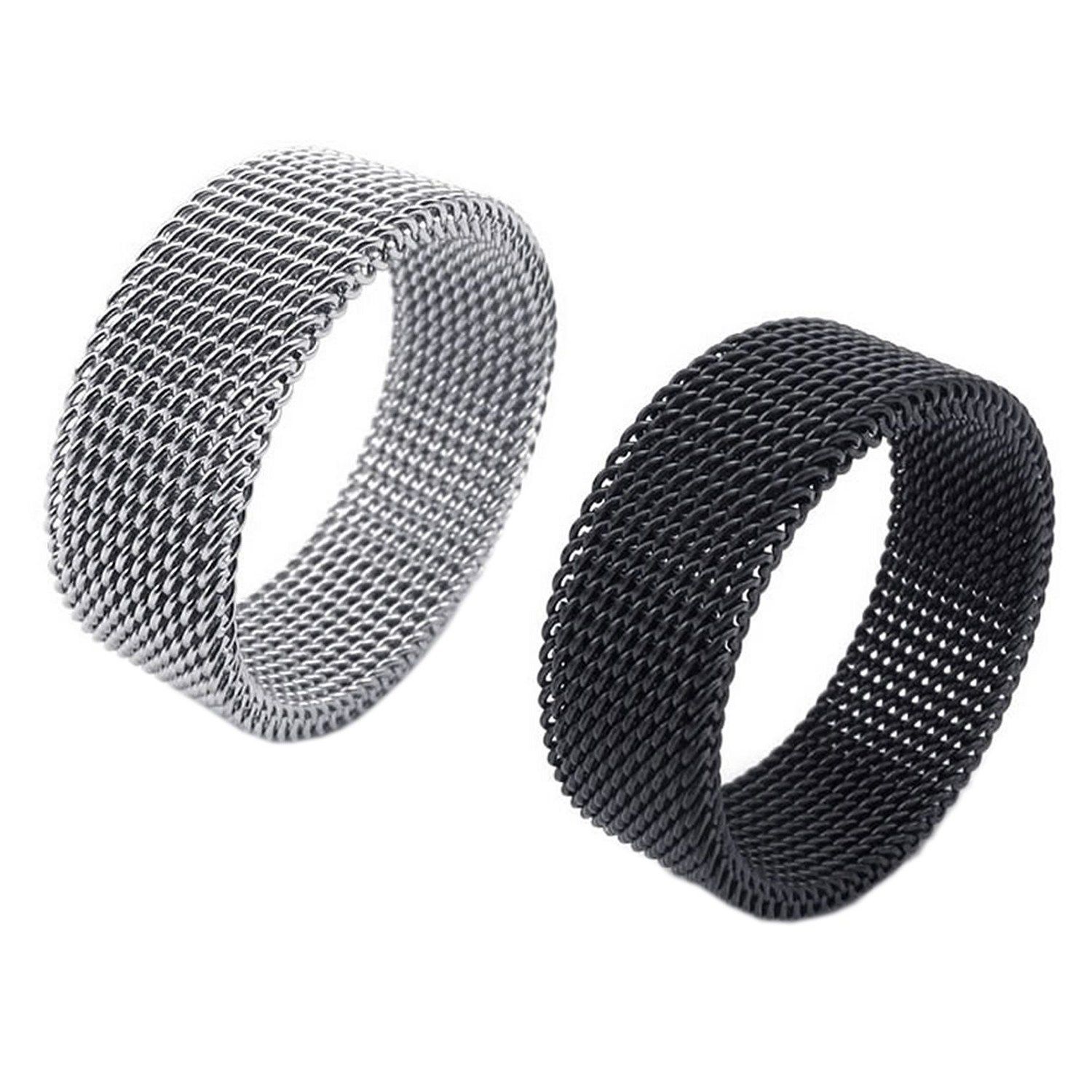 2x Jewelry Men's Ring, Women's Ring, Stainless Steel, Flexible Sieve Mesh Band Ring, Silver - Gr. 62 (19.7mm) & Black - Gr. 59 (18.8mm) - Silver & Black
