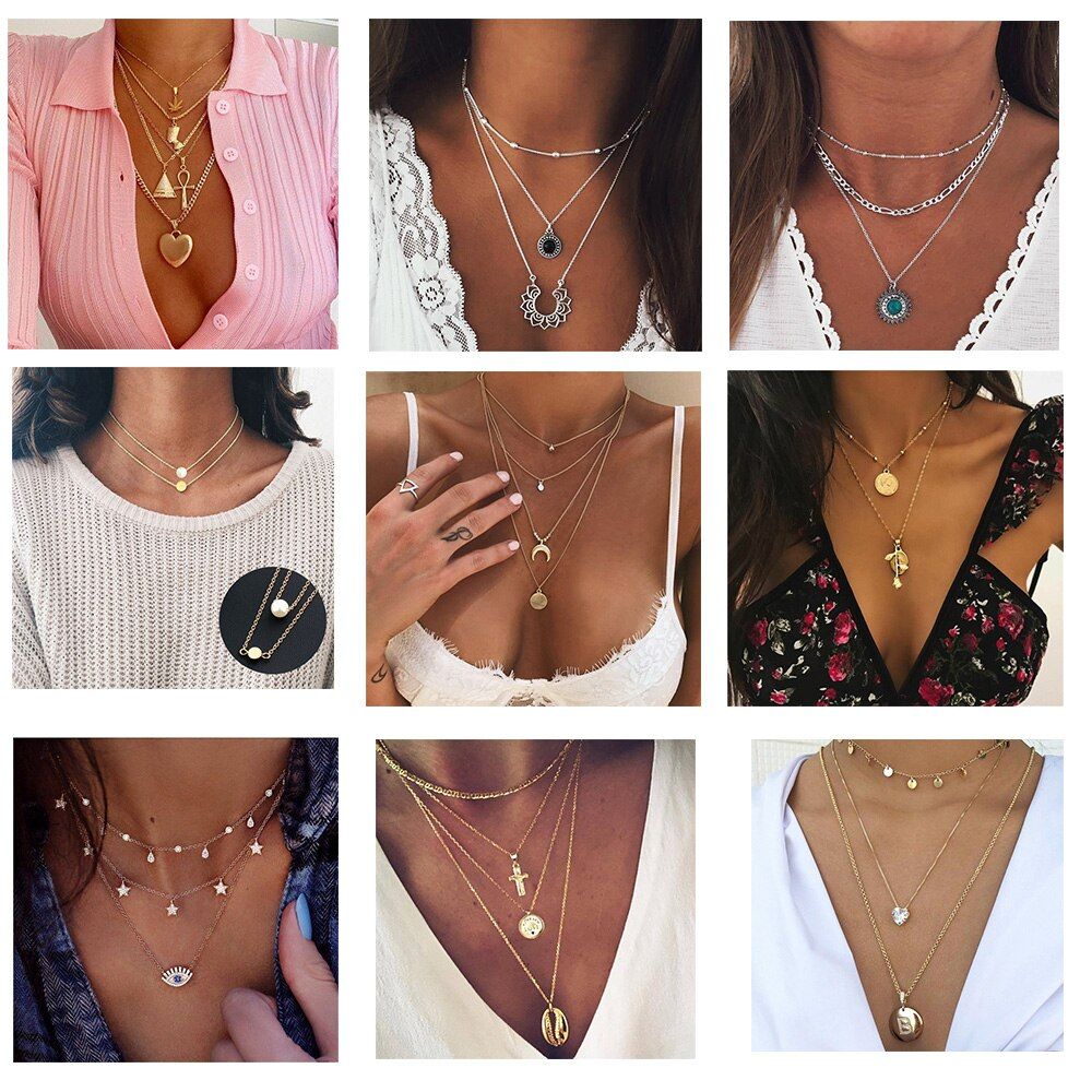 VIVILADY BOHO Choker Multilayer Women Pendant Necklaces Charming Heart Creatived Tassel Round Glitter Punk Style Party Jewelry