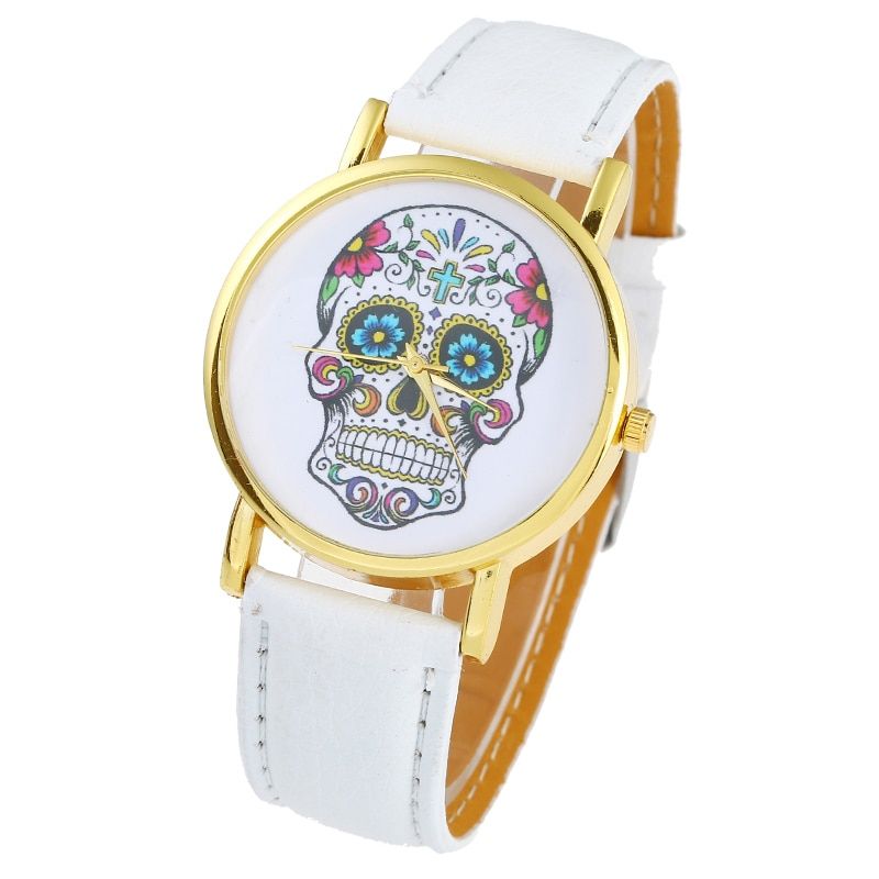 Top Skull Women Watch Mexican Catrina Flowers Cross Pu Leather wristwatch Girl Vintage Fashion casual geneva style Reloj A708