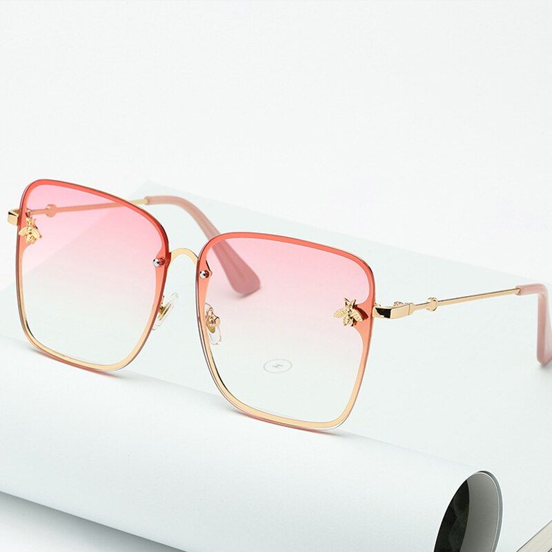 Pink GoldNew Fashion Lady Oversize Rimless Square Bee Sunglasses Women Men Small Bee Glasses Gradient Sun Glasses Female UV400 Sunglasses