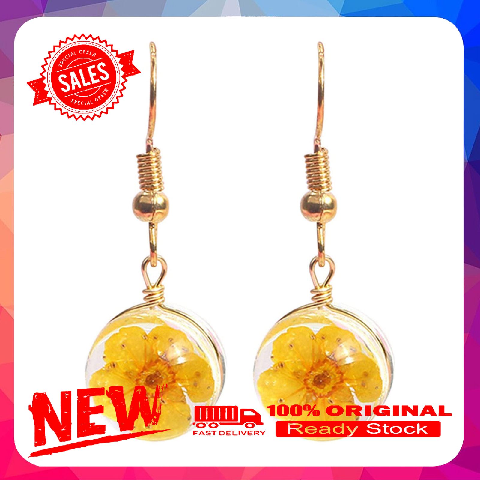 Women Fashion Ball Round Shape Hook Earrings Flower Design Dangle Jewelry Gift