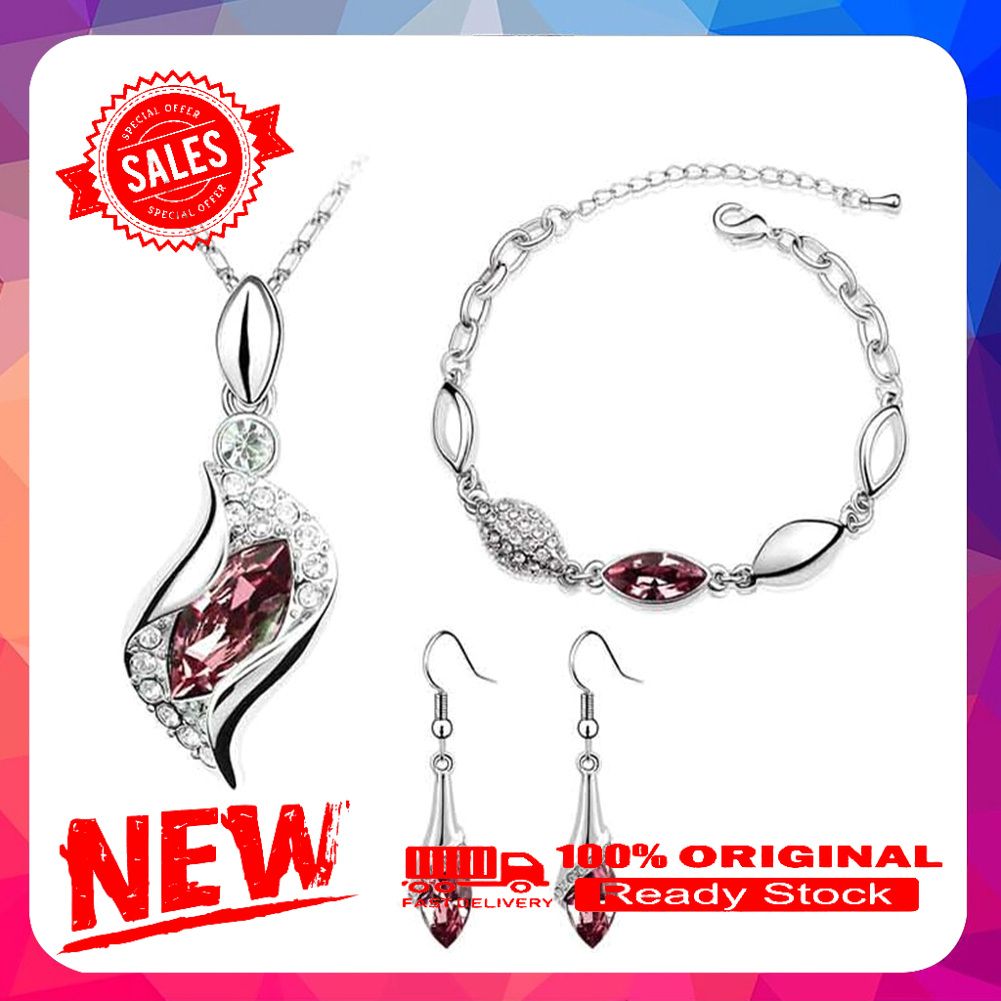 Women Rhinestone Geometric Pendant Necklace Bracelet Hook Earrings Jewelry Set