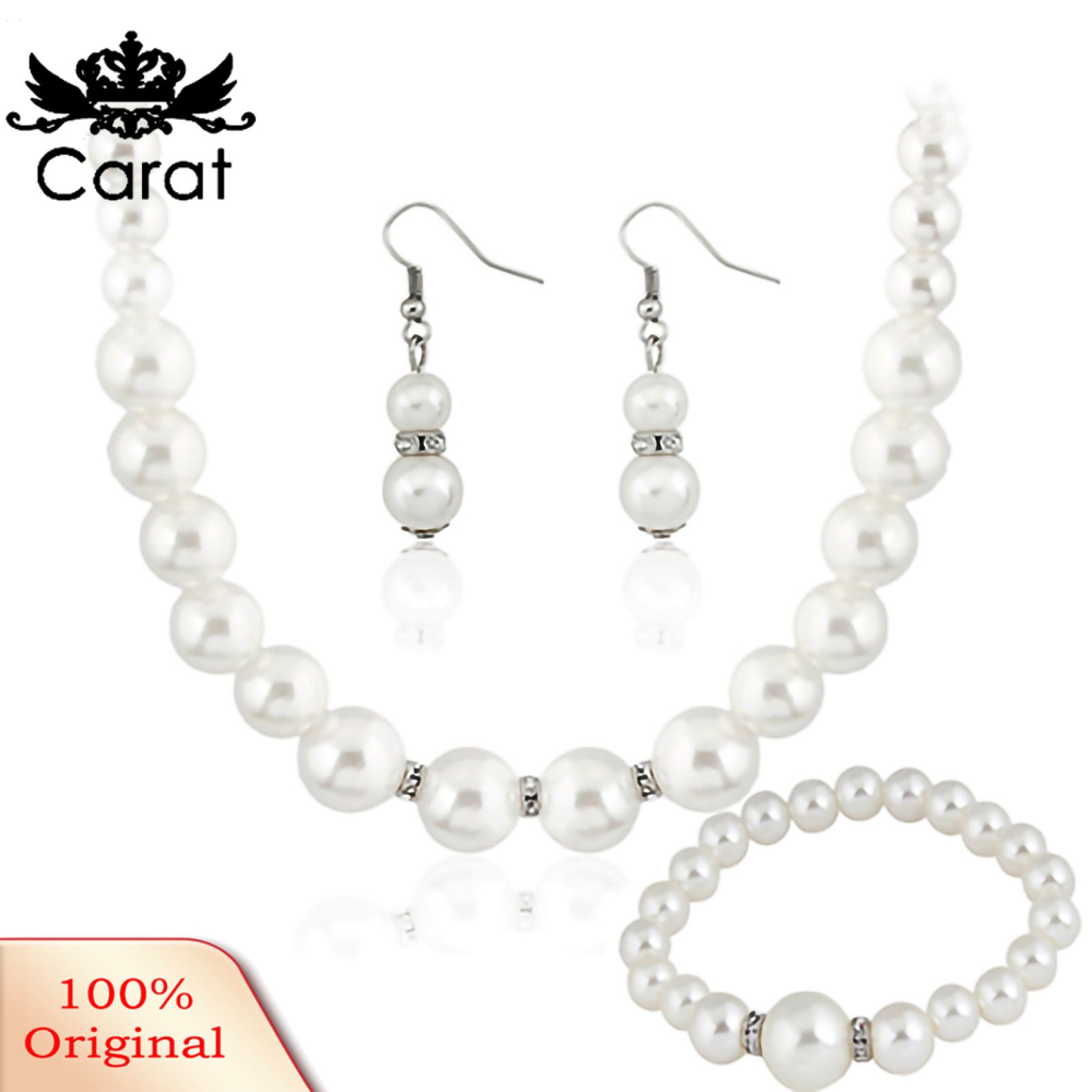 Carat Women Faux Pearls Alloy Necklace Bracelet Earrings Wedding Bridal Jewelry Set