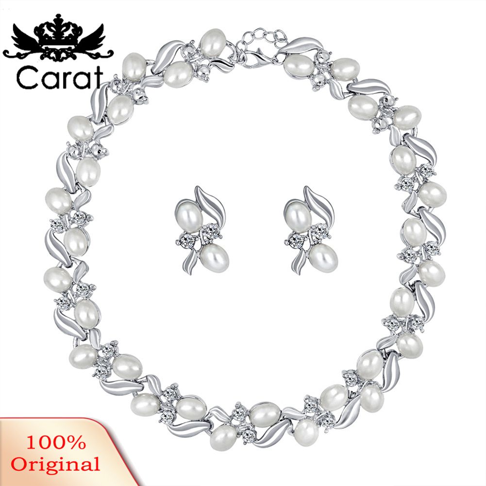 Carat Fashion Rhinestone Faux Pearl Necklace Earrings Women Bride Wedding Jewelry Set