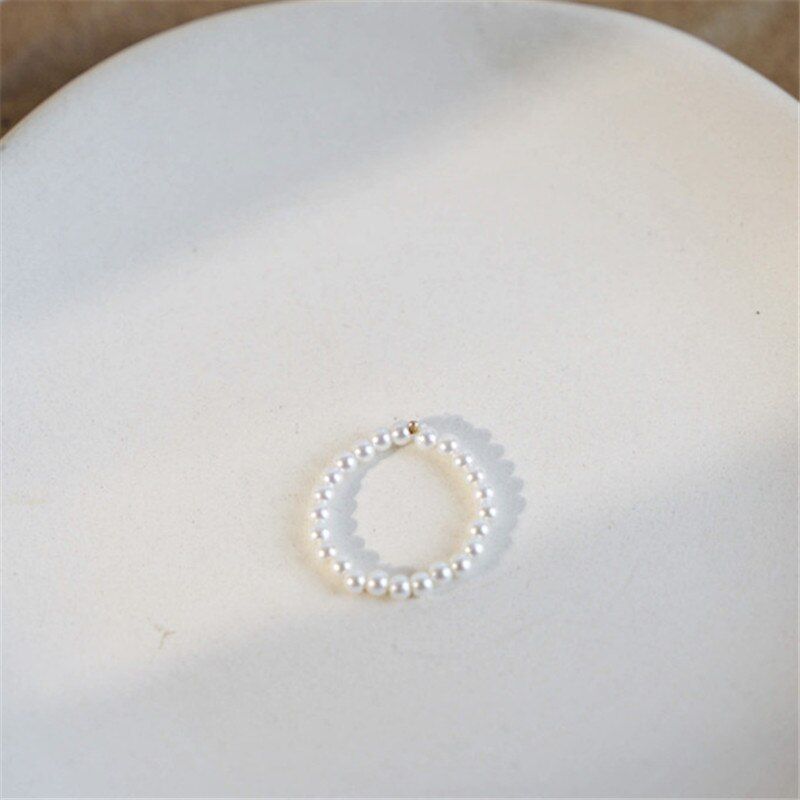 HUANZHI 2020 New Retro Pearl Chain Beaded Rings Metal Geometric C-Shape Opening Ring for Women Girls Wedding Jewelry Gifts