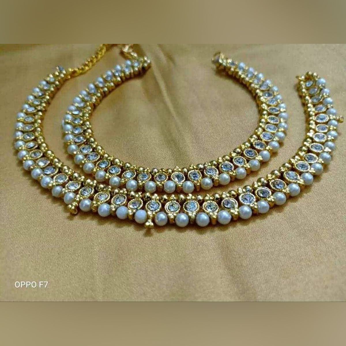 New Stone Setting with White Bead Golden Metal-Anklet (Payel) for Women-1pices