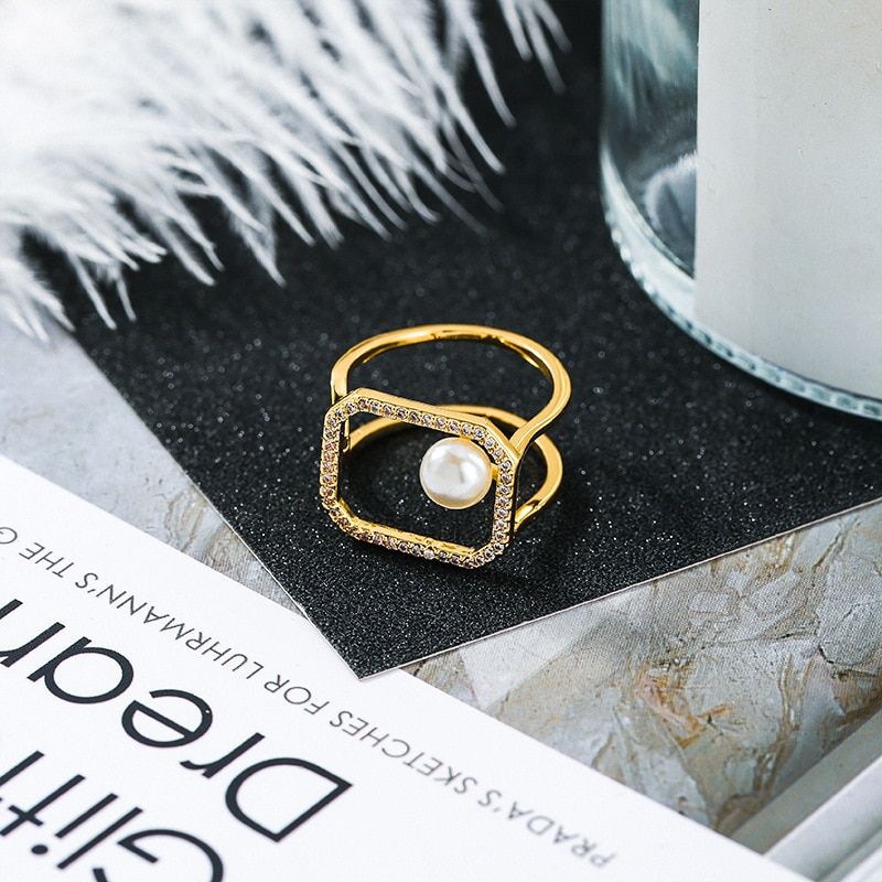 2020 Trendy Style Zircon Open Ring women Simulated Pearl Geometric Rings Fashion Brass Jewelry Wholesale(null)