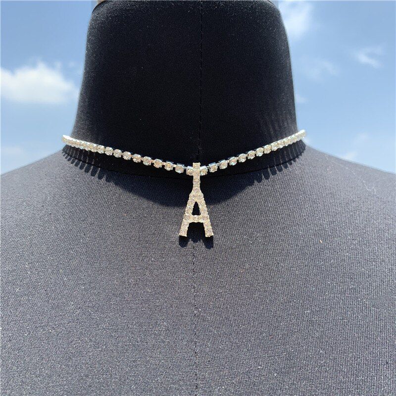 A-Z 3mm Tennis Chain Zircon Tennis Letters Necklaces Pendant For Men/Women Silver Color Choker Fashion Hip Hop Jewelry Gift BFF