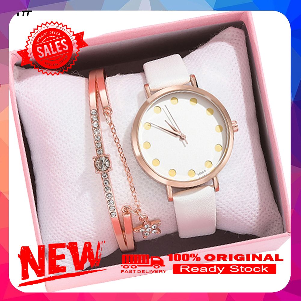 Vist Fox XR4435 Women White Dot Faux Leather Band Quartz Watch Star Design Bracelet Set