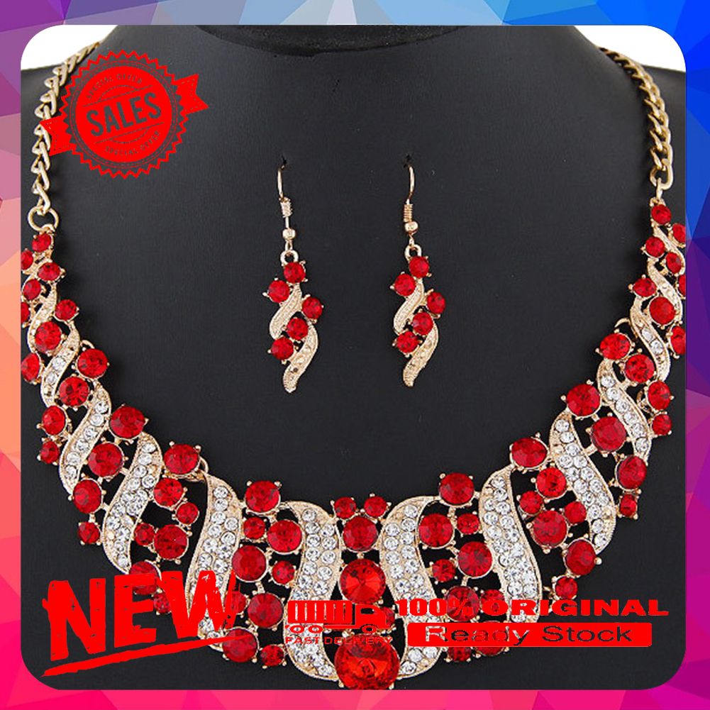 Women Rhinestone Spiral Bib Necklace Hook Earrings Statement Party Jewelry Set