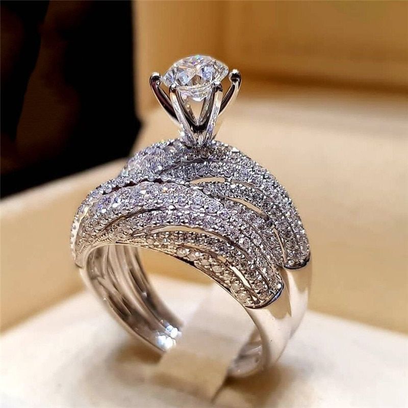 2Pcs Bridal Set Elegant rings for women Sliver Color Wedding Engagement fashion Jewelry With Full Shiny Cubiz Zircon female ring(null)