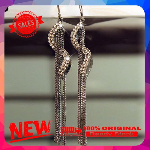 Women's Fashion S-Shape Long Tassels Rhinestone Hook Dangle Linear Earrings