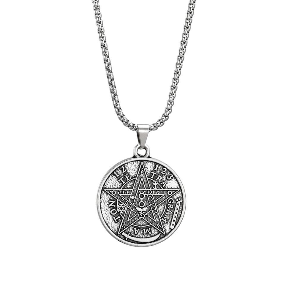 LIKGREAT Satan Tetragrammaton Pentagram Pentacle Pendant Round Necklace Silver Color Wicca Amulet Talisman Jewelry Accessories