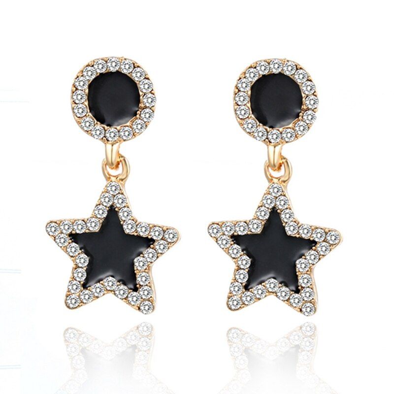 Fashion Jewelry Black Heart Bow Star Crystal Stud Earrings Geometric Round Circle Shiny Rhinestone Big Earring For Women Gift