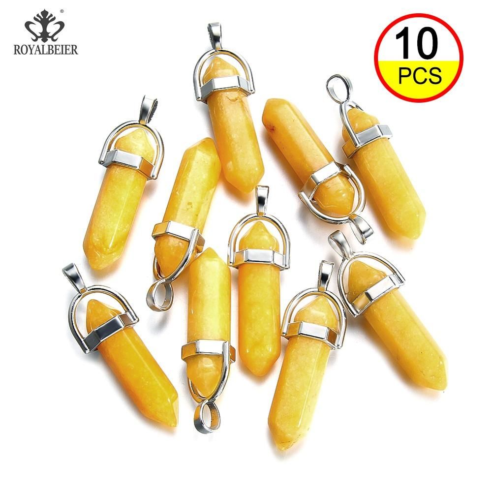 ROYALBEIER 10pcs/lot Pendant Natural Stone Quartz Bullet Hexagon Point Pendulum Column Reiki Healing Chakra for Making Jewelry