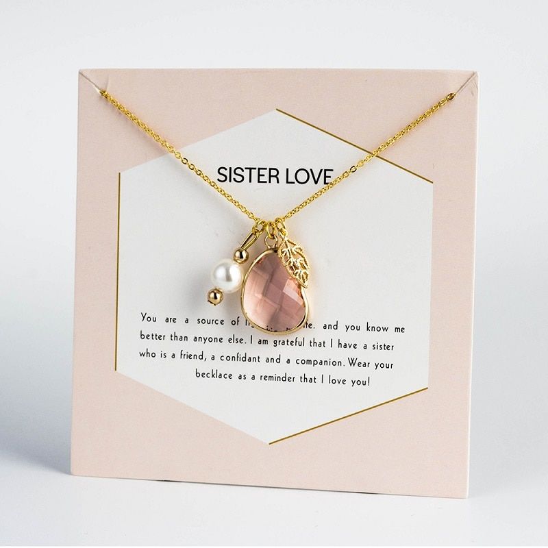 MEIBEADS Fashion Birthstone Leaf Pearl Charms Clavicular Chain Necklaces Card Necklaces Sister LOVE Jewelry Gift