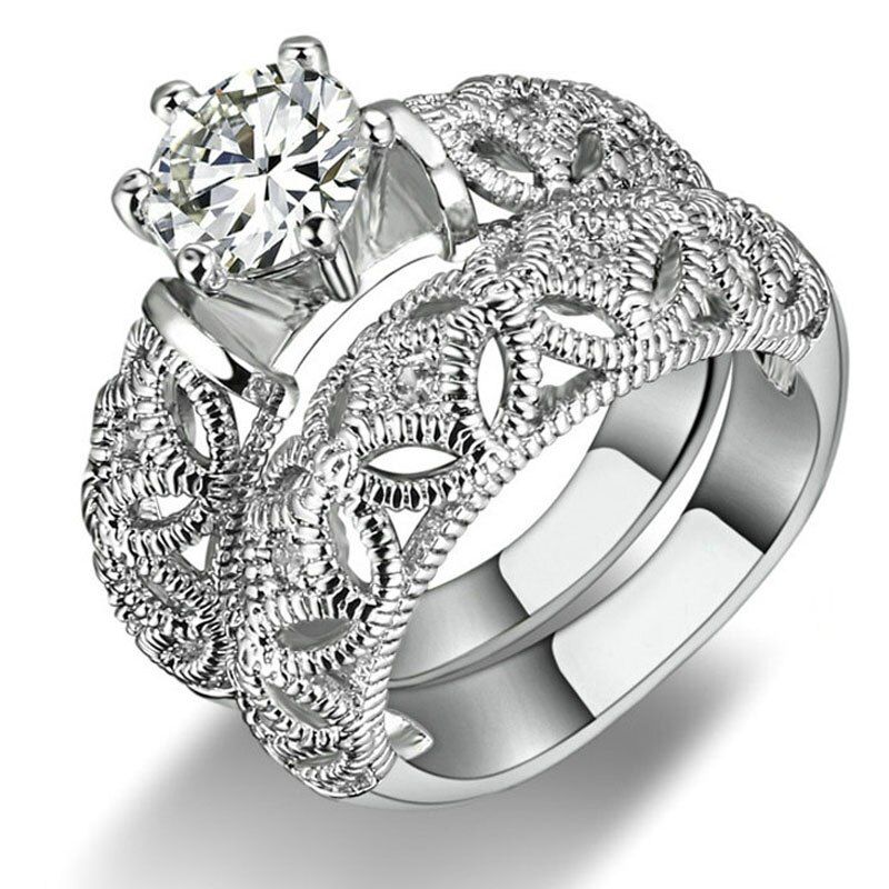Princess Style Cubic Zirconia Hollow-out Silver Color Ring Sets for Women, Mens 8mm Classic Stainless Steel Wedding Ring