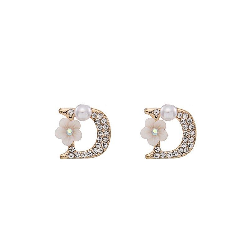Fashion Full Rhinestone Letter Earrings Flower Pearl Party Earring For Woman Gift