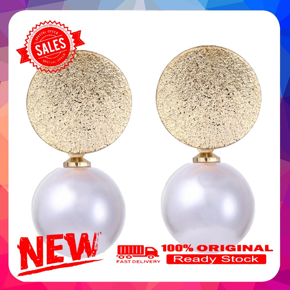 Elegant Women Metal Round Faux Pearl Pendant Stud Earrings Party Jewelry Gift
