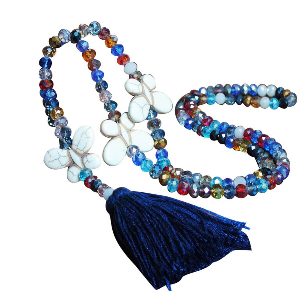 Boho Women Colorful Beads Butterfly Stone Tassel Pendant Sweater Chain Necklace