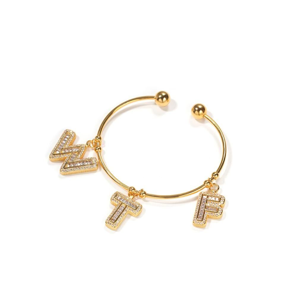 The Bling King Simple Style CZ Initial Letter Bracelet Gold Gift Copper A-Z Pendant Gold Charm Bracelet Unisex Punk Jewelry(null)