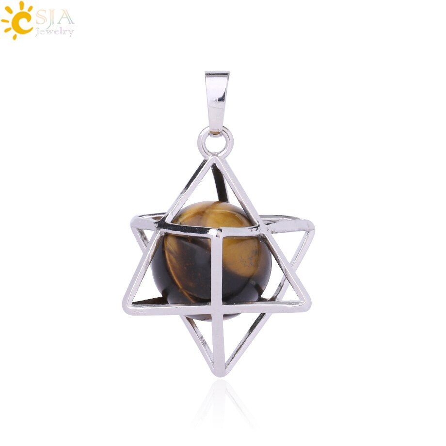 CSJA Natural Stone Hexagram Energy Pendants Necklace Religion Symbol Meditation Reiki Merkaba Pendant for Women Men Jewelry F876