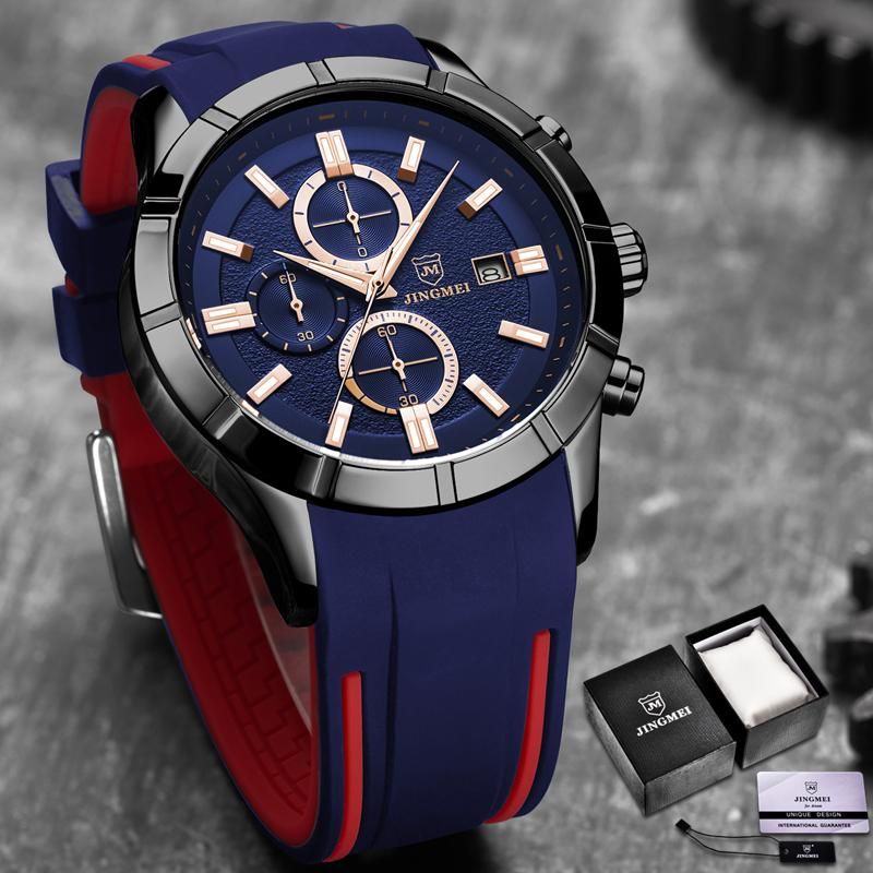 JINGMEI Mens Watches Top Brand Luxury Quartz Watch Men Casual Sport Waterproof Date Clock Fashion Rubber Strap Chronograph Wrist Watch