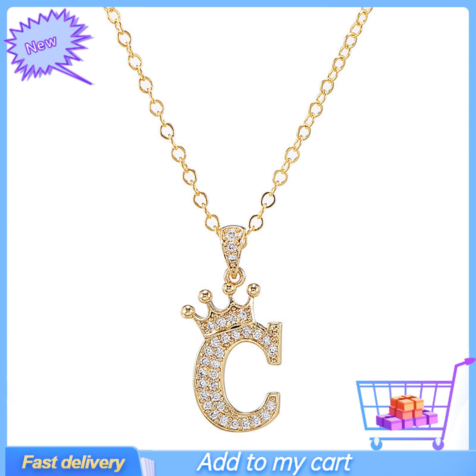Letter Necklace Rhinestone Crown Letter Pendant Adjustable Chain Women Necklace for Gift