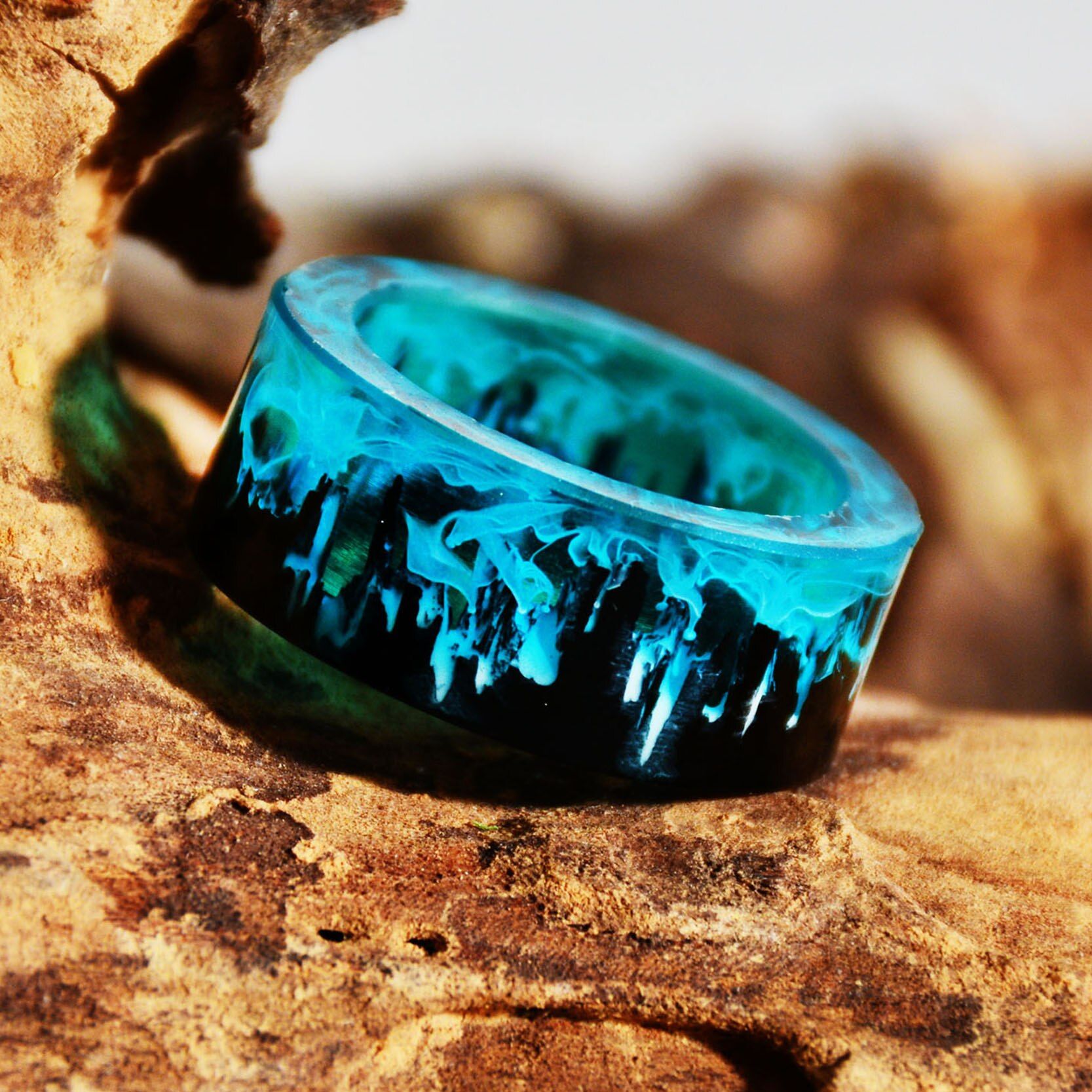 Blue Resin Ring Mountains Wooden Inside Magical World In A Tiny Landscape Ring for Women Men Jewelry Female Finger Punk Jewelry