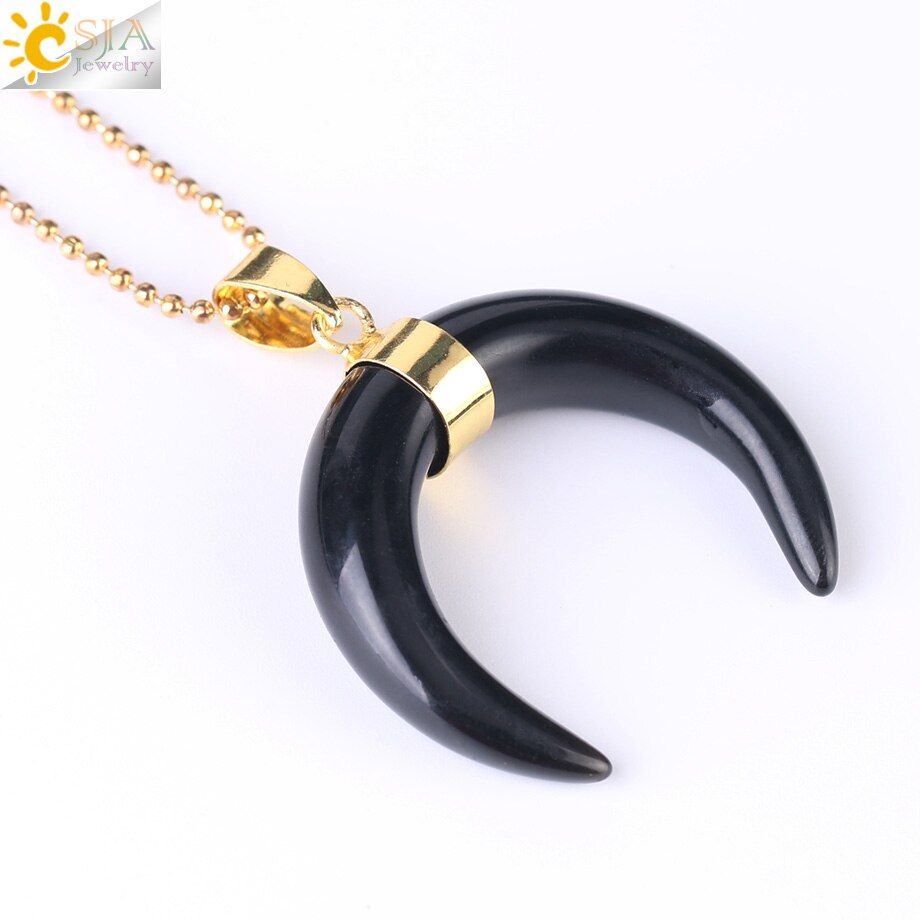 CSJA Natural Stones Crescent Moon Necklaces Pendants Purple Crystal Pink Quartz White Stone Gold Color Reiki Women Jewelry F306